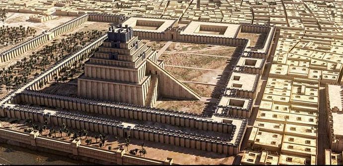 Artists rendering of how ziggurats and cities in mesopotamia would have looked